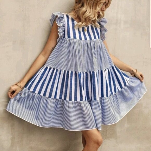Hampton Vertical Blue Striped Babydoll Dress - Picture 2 of 12